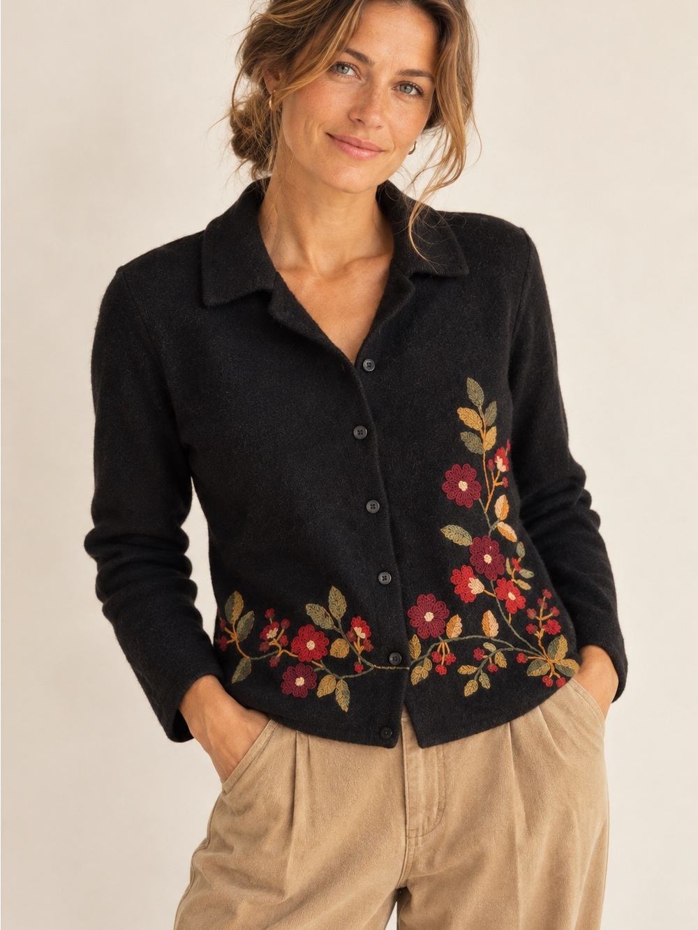 Vintage Dressbarn Petite 100% Wool Floral Embroidered Cardigan – PL